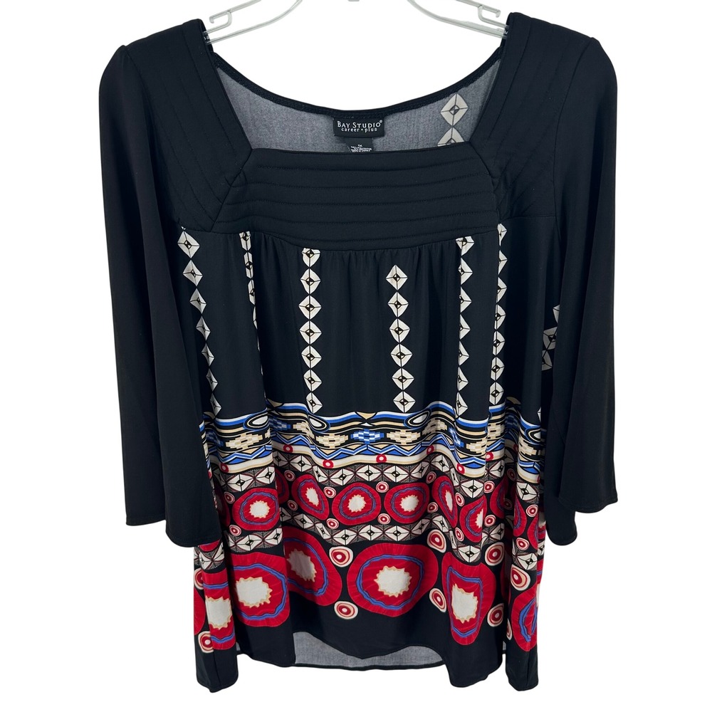 Bay Studio Career‎ Plus Womens 1X Black Red Geometric Medallion Bell Sleeve Top